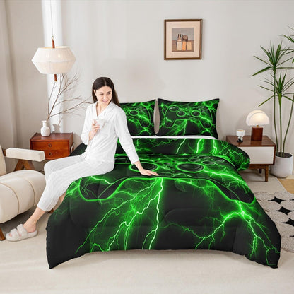 Gamer Comforter Set Gaming Full Size Bedding Sets, Video Game Console Comforter Green Lightning Bed Set,Boys Bedroom Decor
