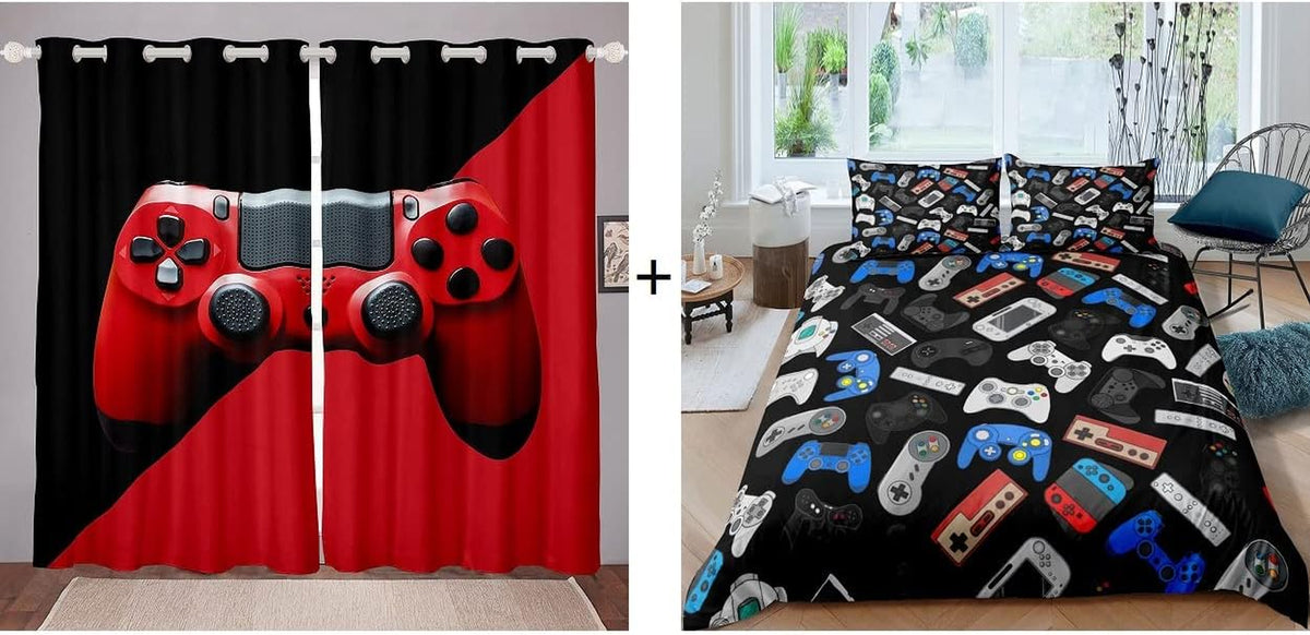 3 Pcs Gaming Curtain + Gaming Duvet Cover+ Gamer Pillow Cases