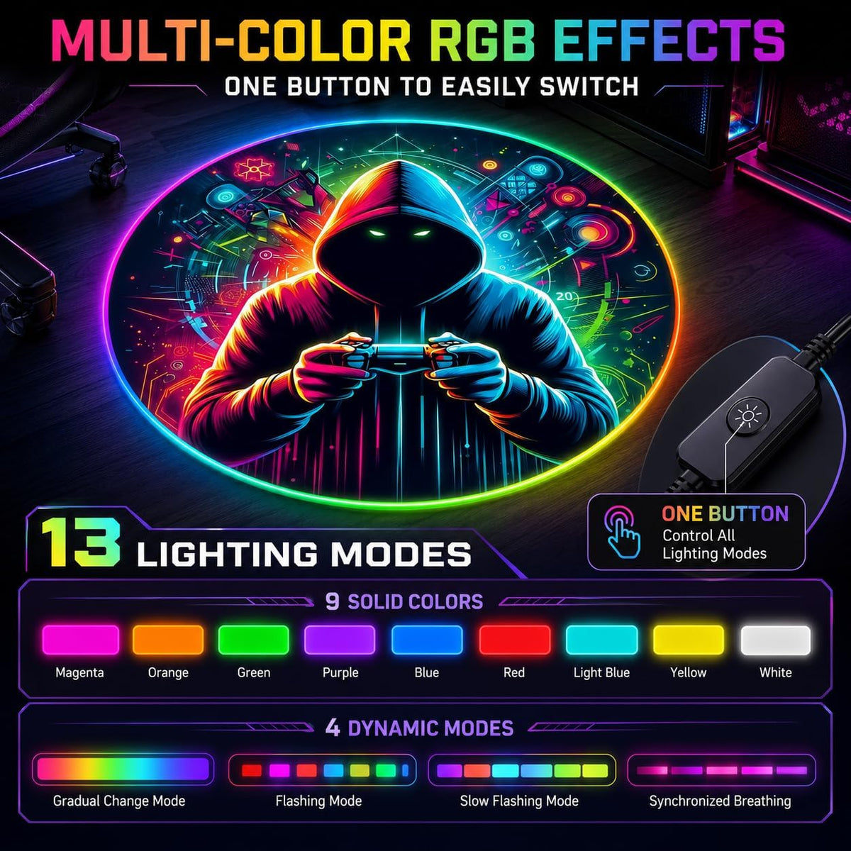 Gaming Chair Mat for Hardwood Floor Circle RGB Light - Gamer 47”