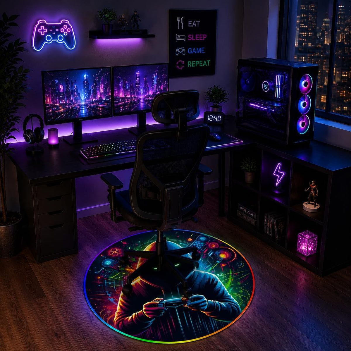 Gaming Chair Mat for Hardwood Floor Circle RGB Light - Gamer 47”
