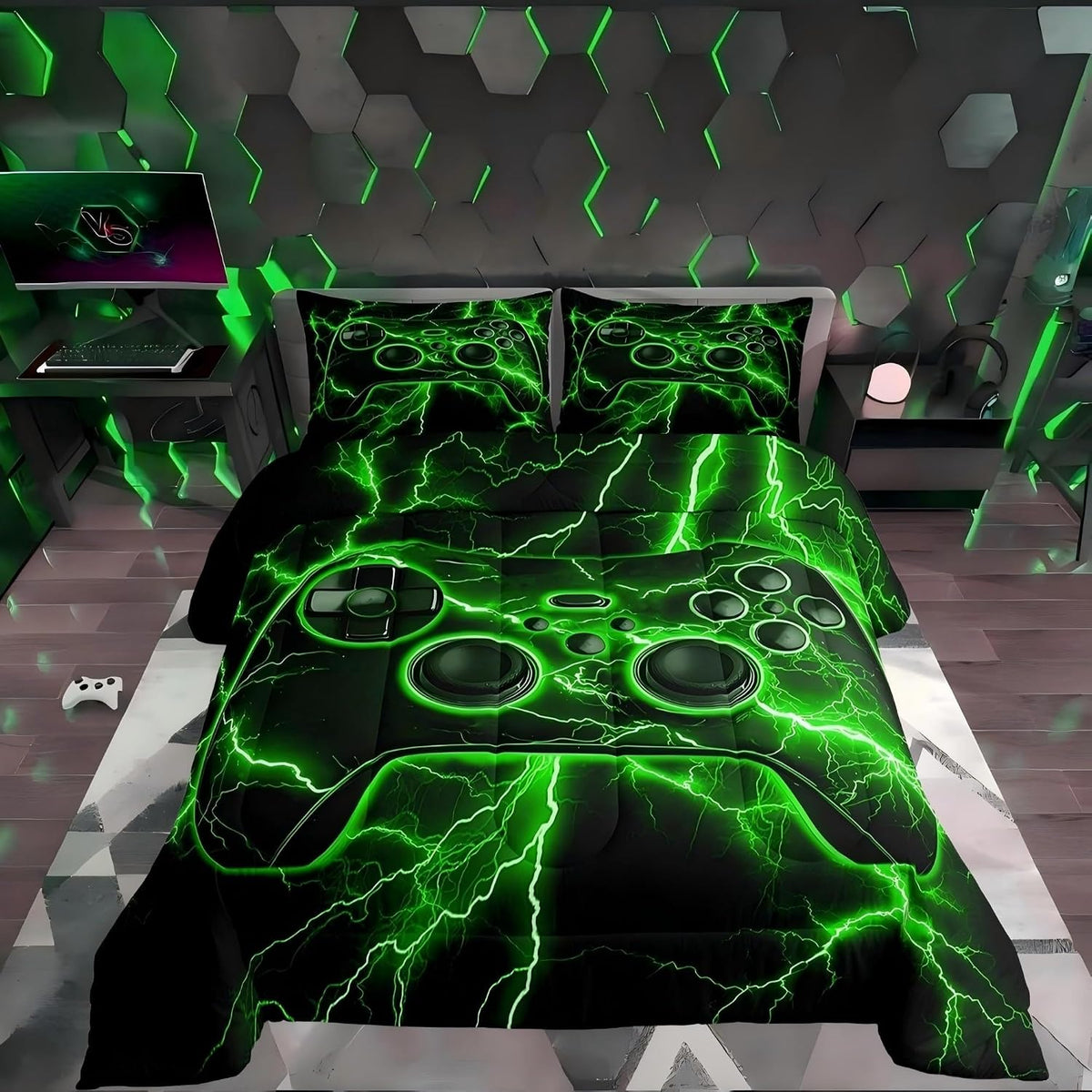 Gamer Comforter Set Gaming Full Size Bedding Sets, Video Game Console Comforter Green Lightning Bed Set,Boys Bedroom Decor