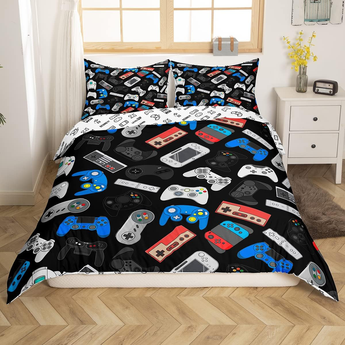 3 Pcs Gaming Curtain + Gaming Duvet Cover+ Gamer Pillow Cases