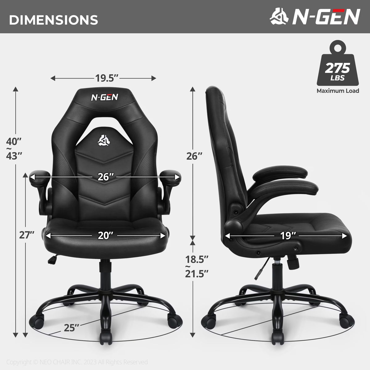 N-GEN GAMING Gaming Chair, Lumbar, PU Leather, Flip-Up Arms, Black