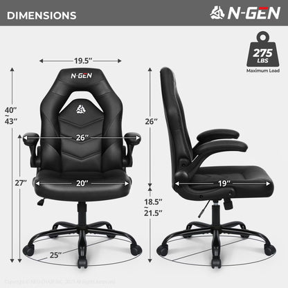 N-GEN GAMING Gaming Chair, Lumbar, PU Leather, Flip-Up Arms, Black