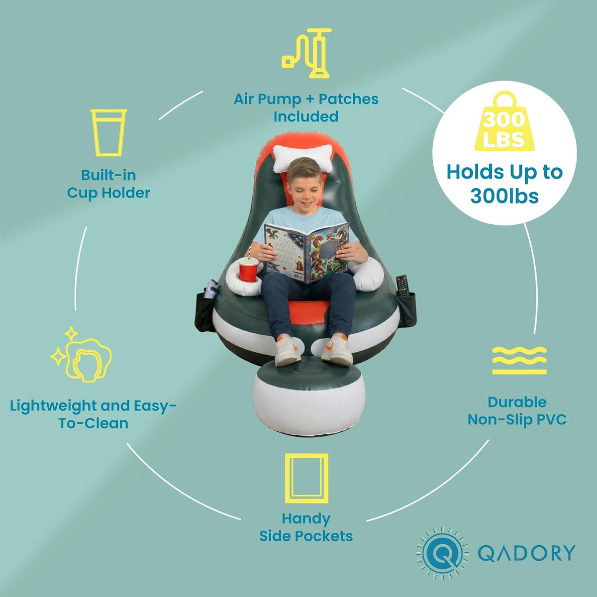 Inflatable Gaming Chair for Kids – Supports up to 300 Lbs, Includes Air Pump, Cup Holder, 2 Pockets – Durable Bean Bag Seat, Comfy Kids Gaming Chair & Top Gamer Chairs for Kid Room