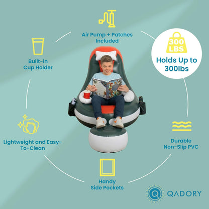 Inflatable Gaming Chair for Kids – Supports up to 300 Lbs, Includes Air Pump, Cup Holder, 2 Pockets – Durable Bean Bag Seat, Comfy Kids Gaming Chair & Top Gamer Chairs for Kid Room
