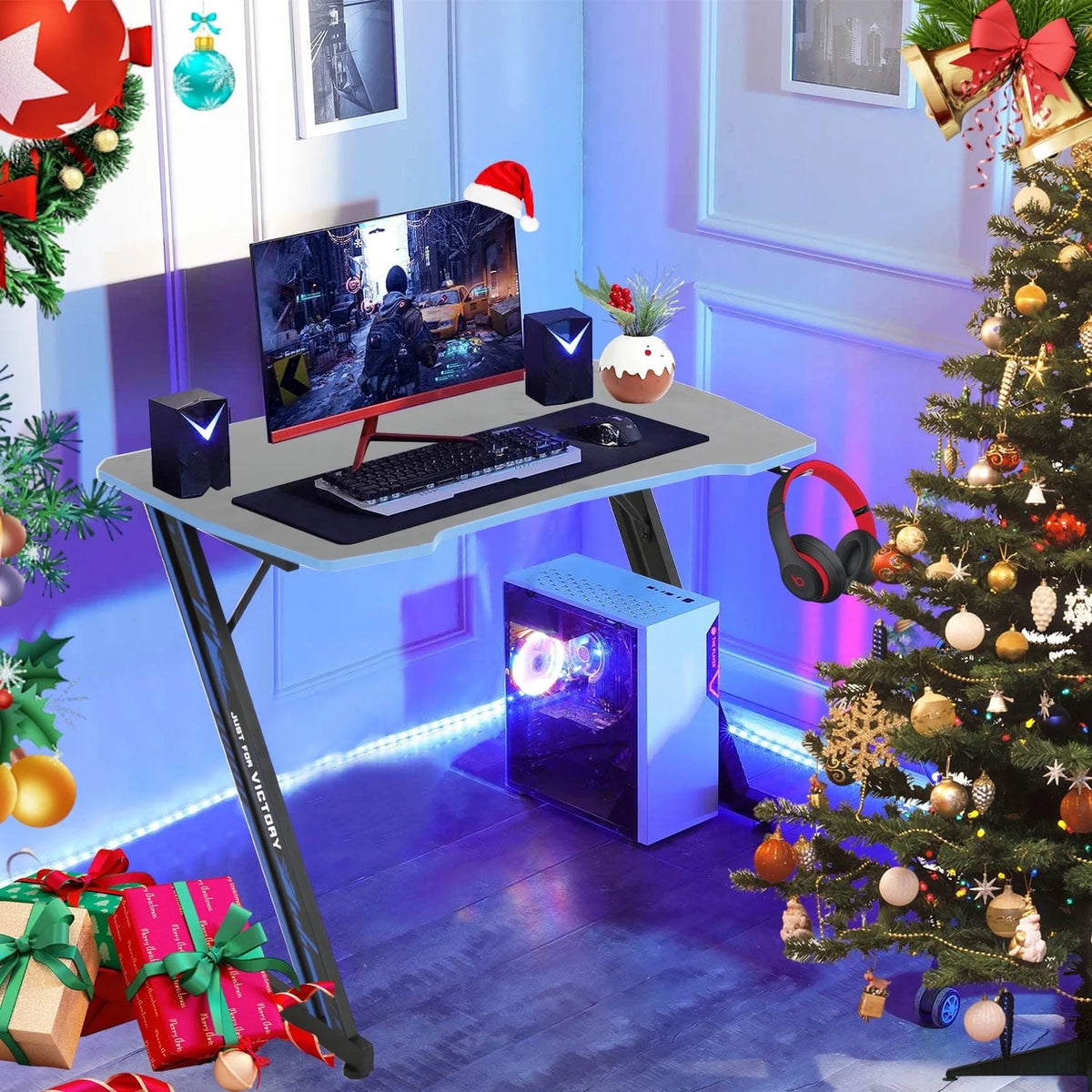 39 Inch Small Gaming Desk, Z Shaped PC Computer Desk Gaming Workstation with Headphone Hook, Ergonomic Gaming Table PC Desk for Game Players, Blue