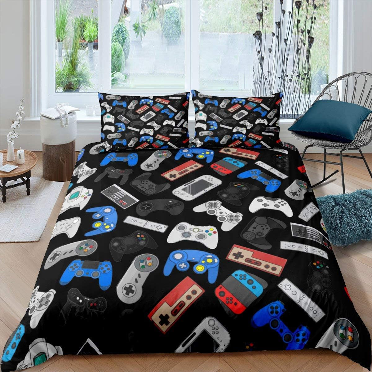 3 Pcs Gaming Curtain + Gaming Duvet Cover+ Gamer Pillow Cases