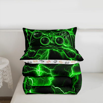 Gamer Comforter Set Gaming Full Size Bedding Sets, Video Game Console Comforter Green Lightning Bed Set,Boys Bedroom Decor