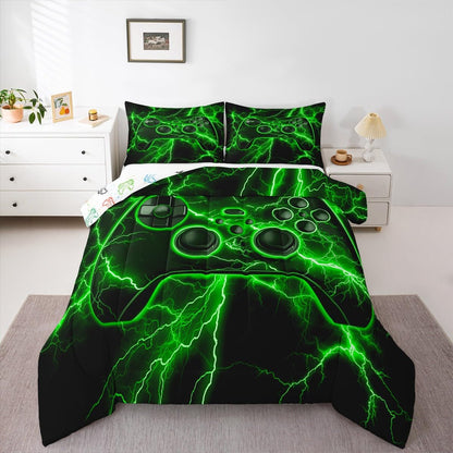 Gamer Comforter Set Gaming Full Size Bedding Sets, Video Game Console Comforter Green Lightning Bed Set,Boys Bedroom Decor