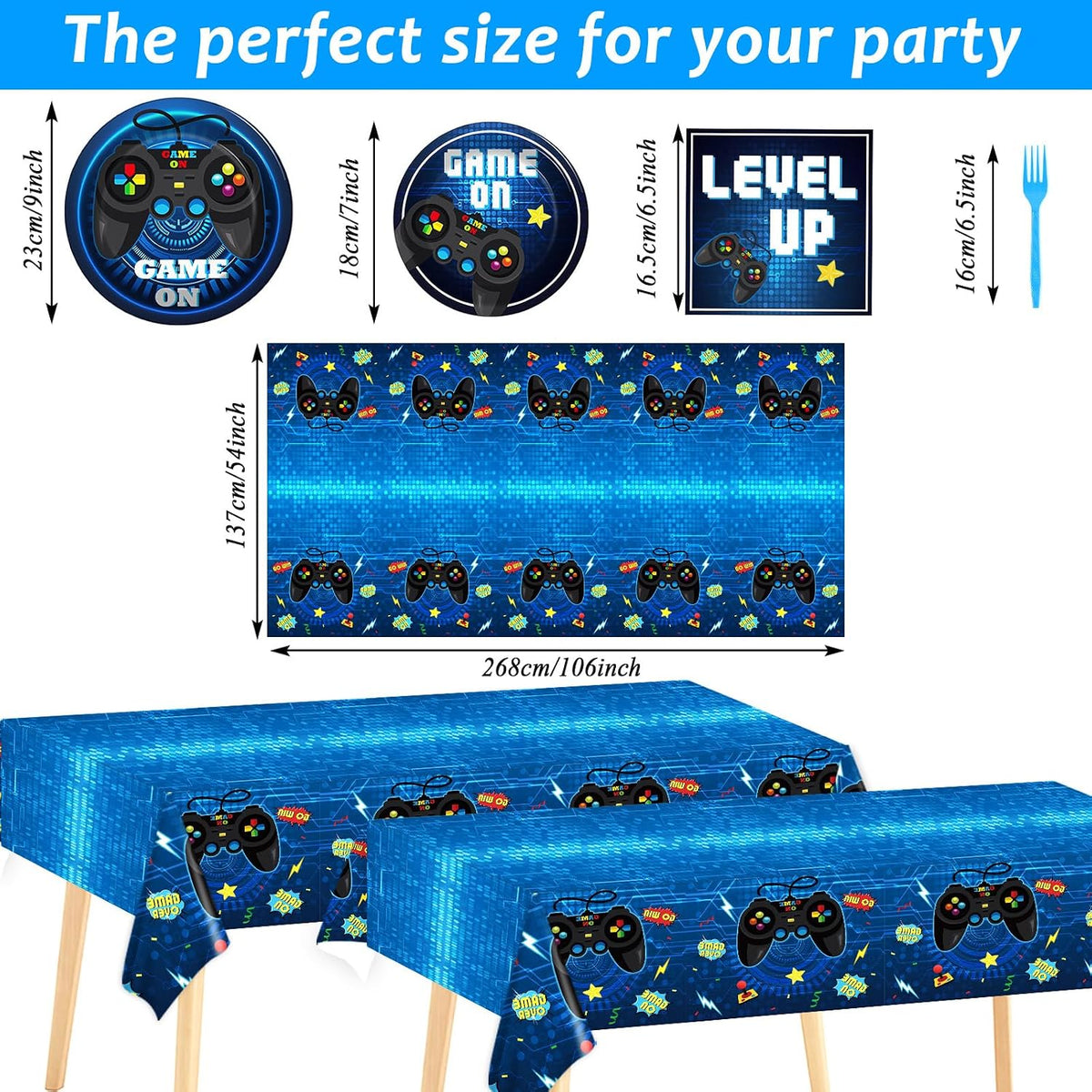 Video Game Party Supplies Tableware Set for 24 Guests Gaming Party Birthday Plates Blue Gamer Party Decorations Includes Plates, Napkins, Tablecloths