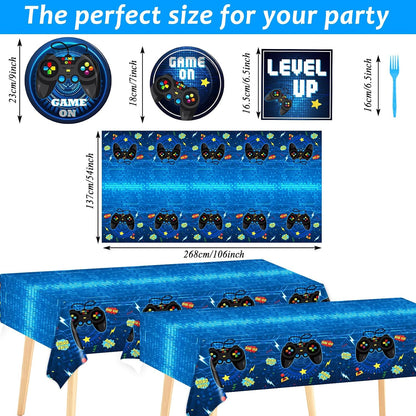 Video Game Party Supplies Tableware Set for 24 Guests Gaming Party Birthday Plates Blue Gamer Party Decorations Includes Plates, Napkins, Tablecloths
