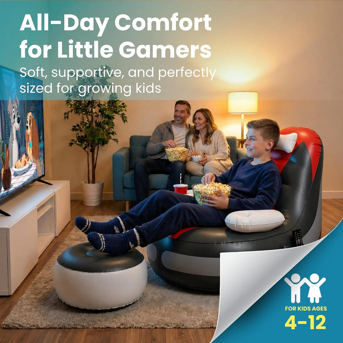 Inflatable Gaming Chair for Kids – Supports up to 300 Lbs, Includes Air Pump, Cup Holder, 2 Pockets – Durable Bean Bag Seat, Comfy Kids Gaming Chair & Top Gamer Chairs for Kid Room