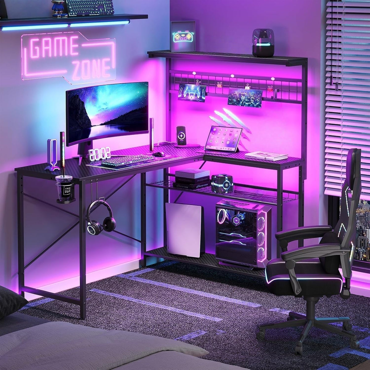 51" L Gaming Desk with Power Outlets LED Lights, Carbon Fiber Black