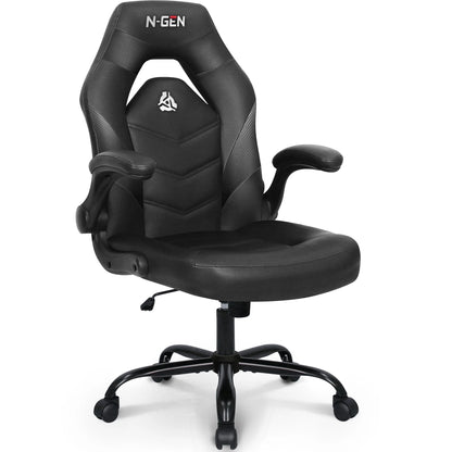 N-GEN GAMING Gaming Chair, Lumbar, PU Leather, Flip-Up Arms, Black
