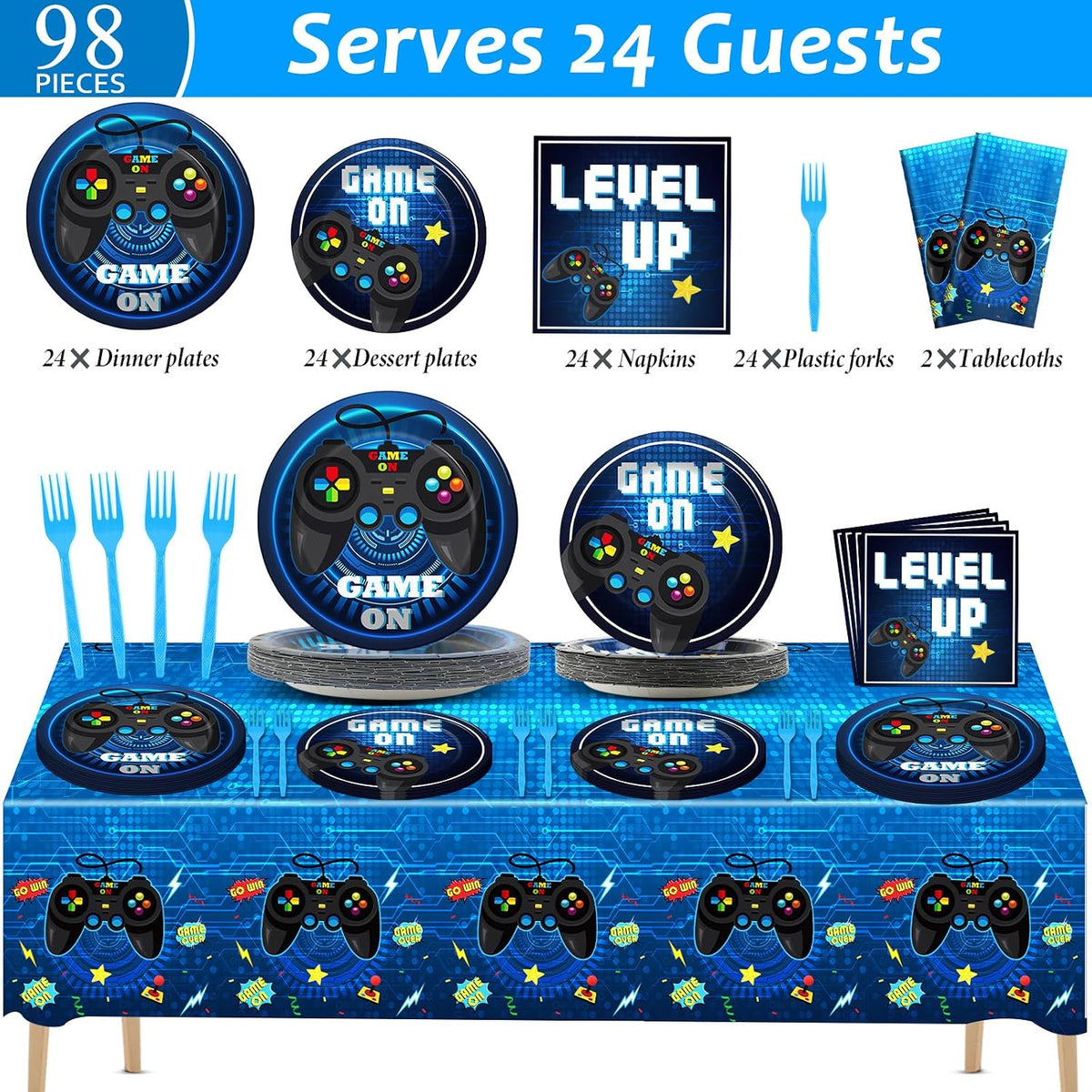 Video Game Party Supplies Tableware Set for 24 Guests Gaming Party Birthday Plates Blue Gamer Party Decorations Includes Plates, Napkins, Tablecloths