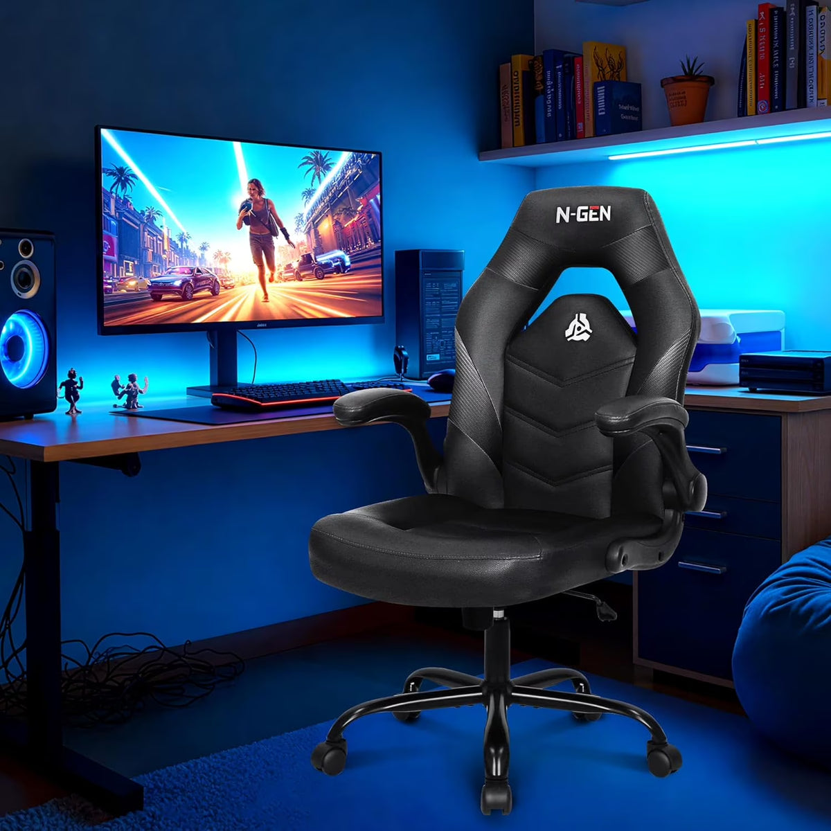 N-GEN GAMING Gaming Chair, Lumbar, PU Leather, Flip-Up Arms, Black