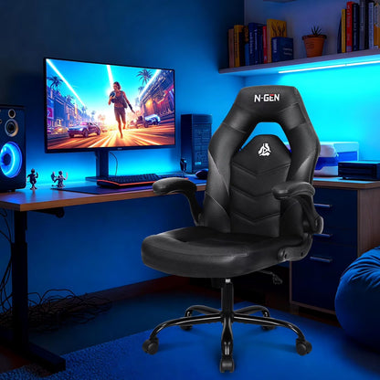 N-GEN GAMING Gaming Chair, Lumbar, PU Leather, Flip-Up Arms, Black