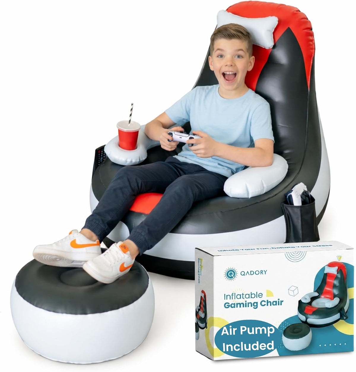 Inflatable Gaming Chair for Kids – Supports up to 300 Lbs, Includes Air Pump, Cup Holder, 2 Pockets – Durable Bean Bag Seat, Comfy Kids Gaming Chair & Top Gamer Chairs for Kid Room