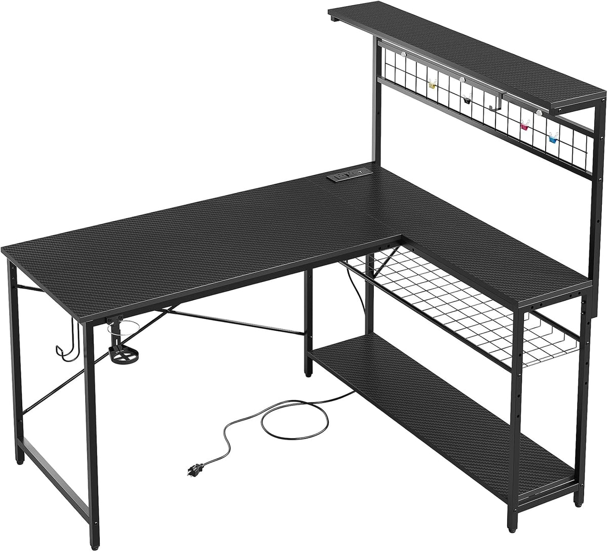 51" L Gaming Desk with Power Outlets LED Lights, Carbon Fiber Black