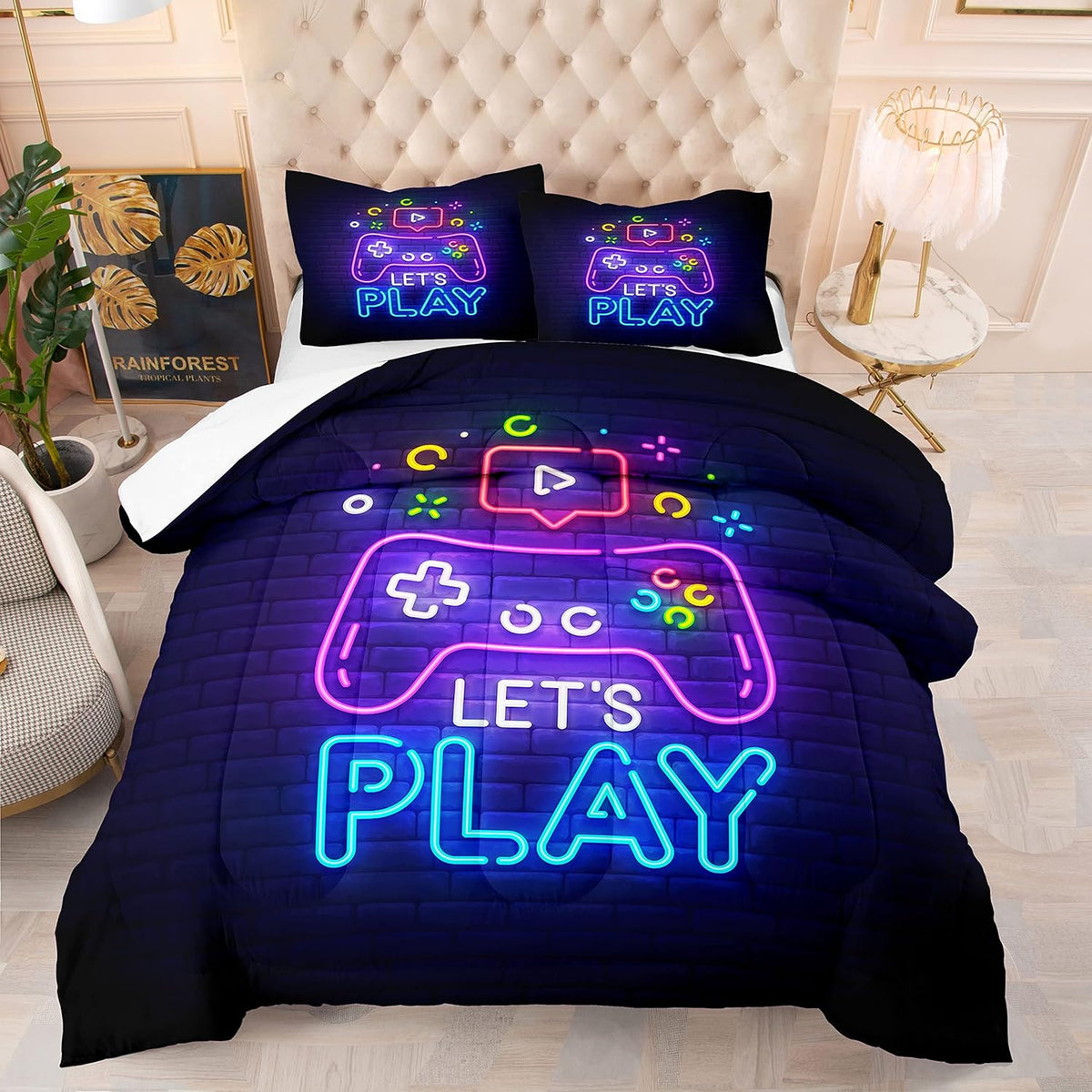 Gaming Comforter Sets Kids Queen Bedding Sets for Boys,Teen Gaming Comforter,Let'S Play Gaming Bedding Gaming Bed Set with 1 Comforter 2Pillowcases