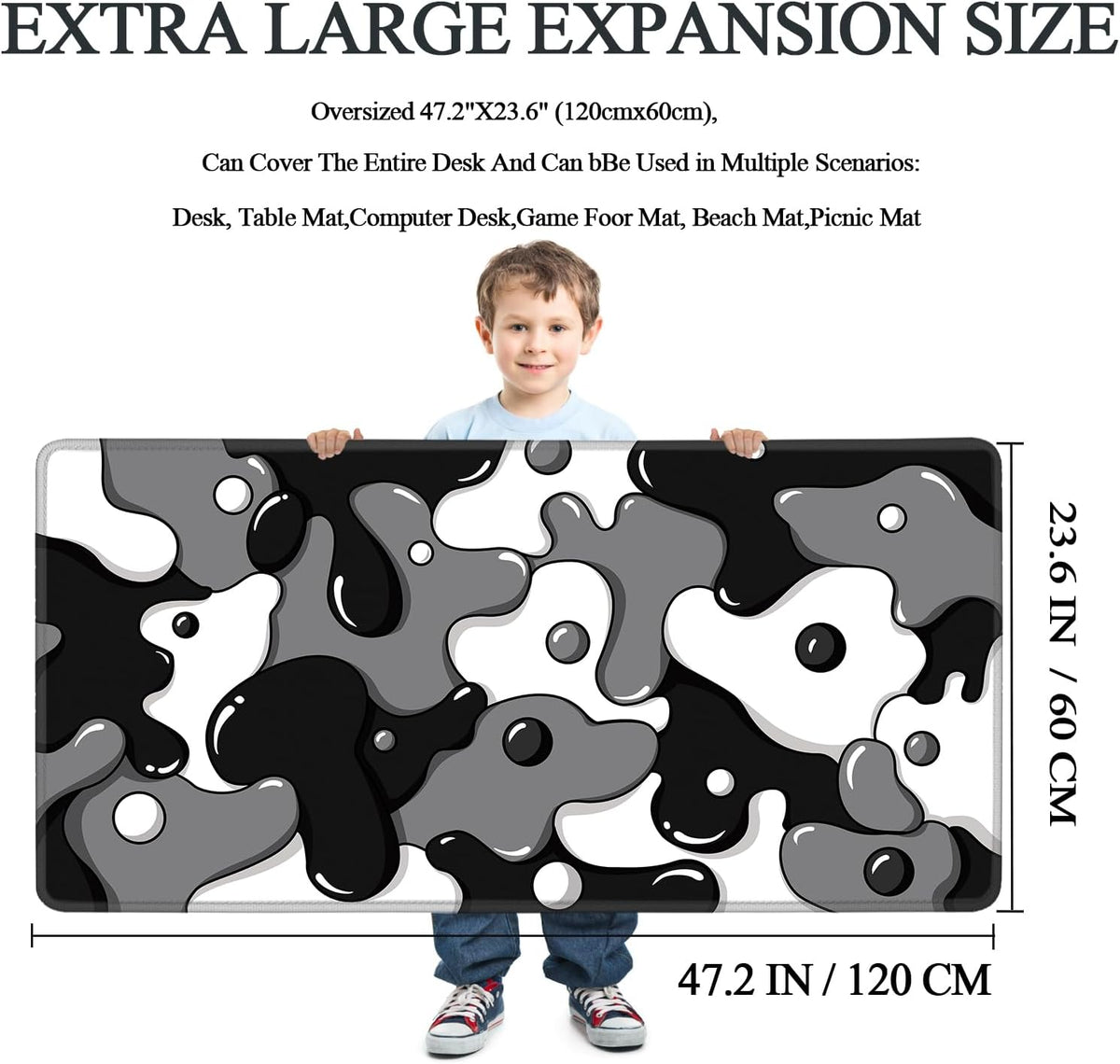 Gaming Laptop Mouse Pad,Grey Black White Big Desk Pads PC Keyboard Waterproof and Non-Slip 47.2" X 23.6" 3Mm Thick XXXL Rubber Table Mat, Black Spotted Dog Mouse Pads