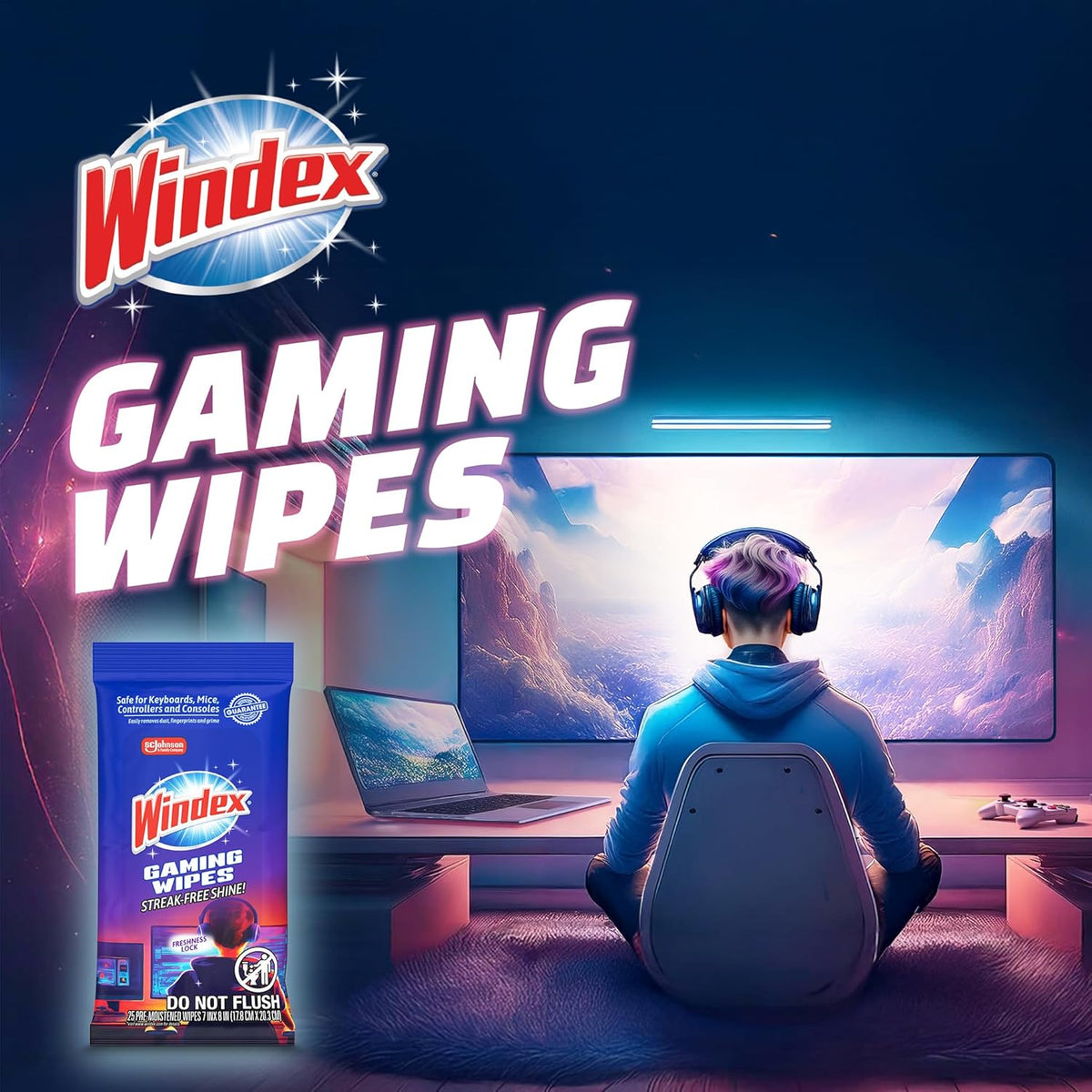 Gaming Cleaning Wipes, Pre-Moistened Wipes to Instantly Clean All Gaming Gear and Electronics, Resealable Packaging for a Freshness Lock, 25 Count (Pack of 1)