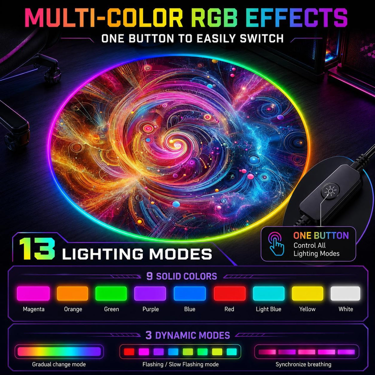 Gaming Chair Mat for Hardwood Floor Circle RGB Light - Neon 47”