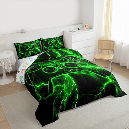 Gamer Comforter Set Gaming Full Size Bedding Sets, Video Game Console Comforter Green Lightning Bed Set,Boys Bedroom Decor