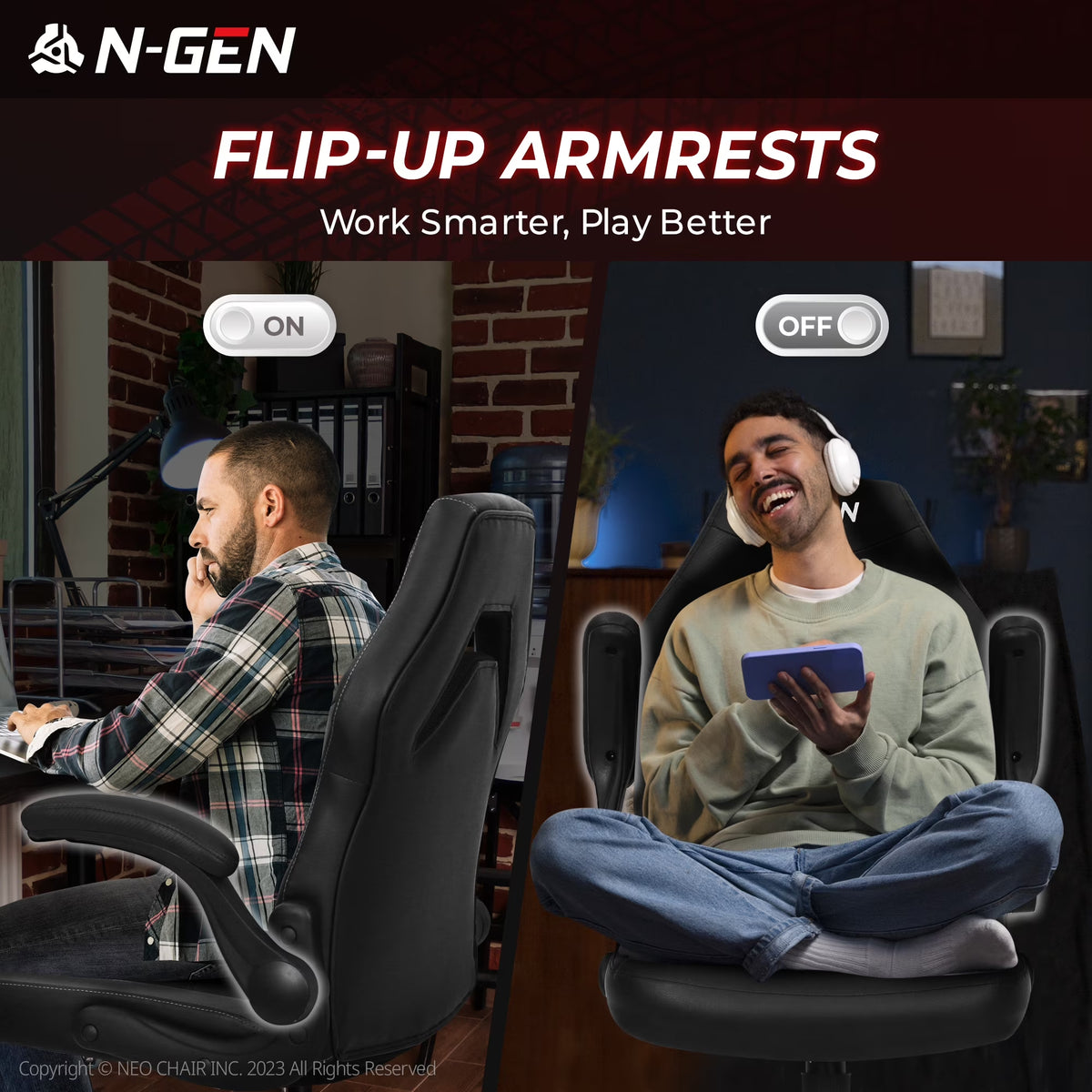 N-GEN GAMING Gaming Chair, Lumbar, PU Leather, Flip-Up Arms, Black