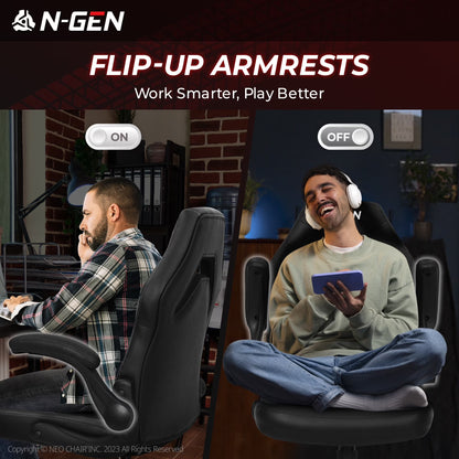 N-GEN GAMING Gaming Chair, Lumbar, PU Leather, Flip-Up Arms, Black