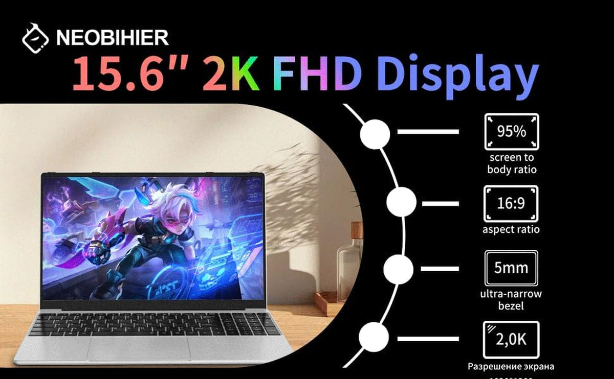 Gaming Laptop, N95 up to 3.4Ghz, 16GB RAM, 512GB SSD, 15.6" 2K Display, Fingerprint Unlock, Slim & Lightweight Laptop for Work & Study, Gray