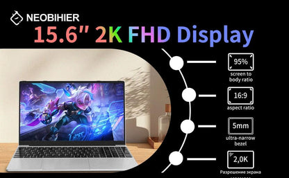 Gaming Laptop, N95 up to 3.4Ghz, 16GB RAM, 512GB SSD, 15.6" 2K Display, Fingerprint Unlock, Slim & Lightweight Laptop for Work & Study, Gray