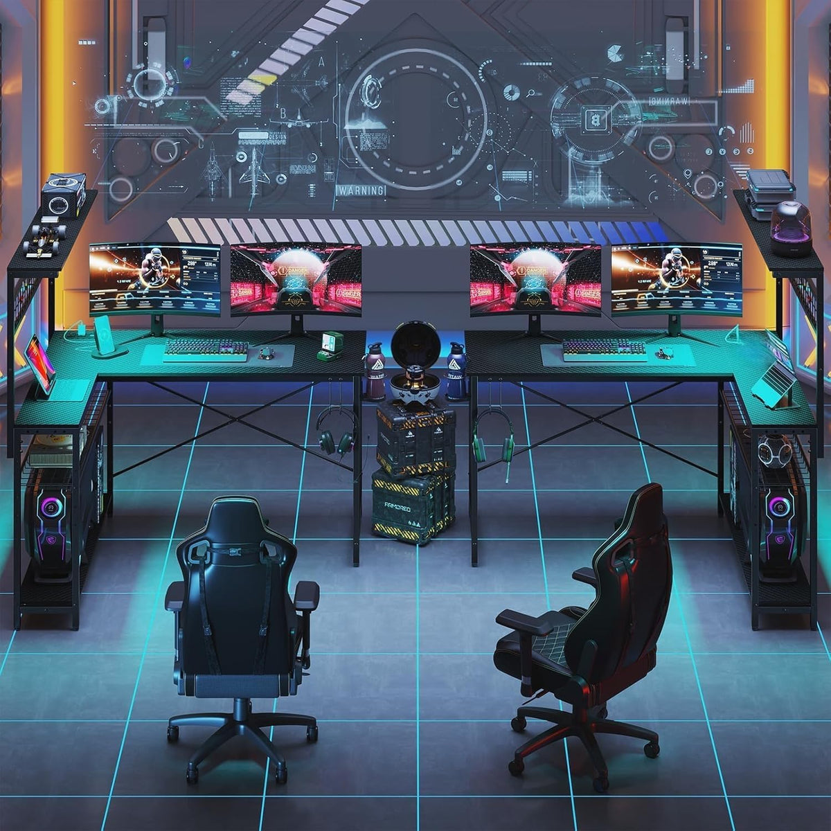 51" L Gaming Desk with Power Outlets LED Lights, Carbon Fiber Black