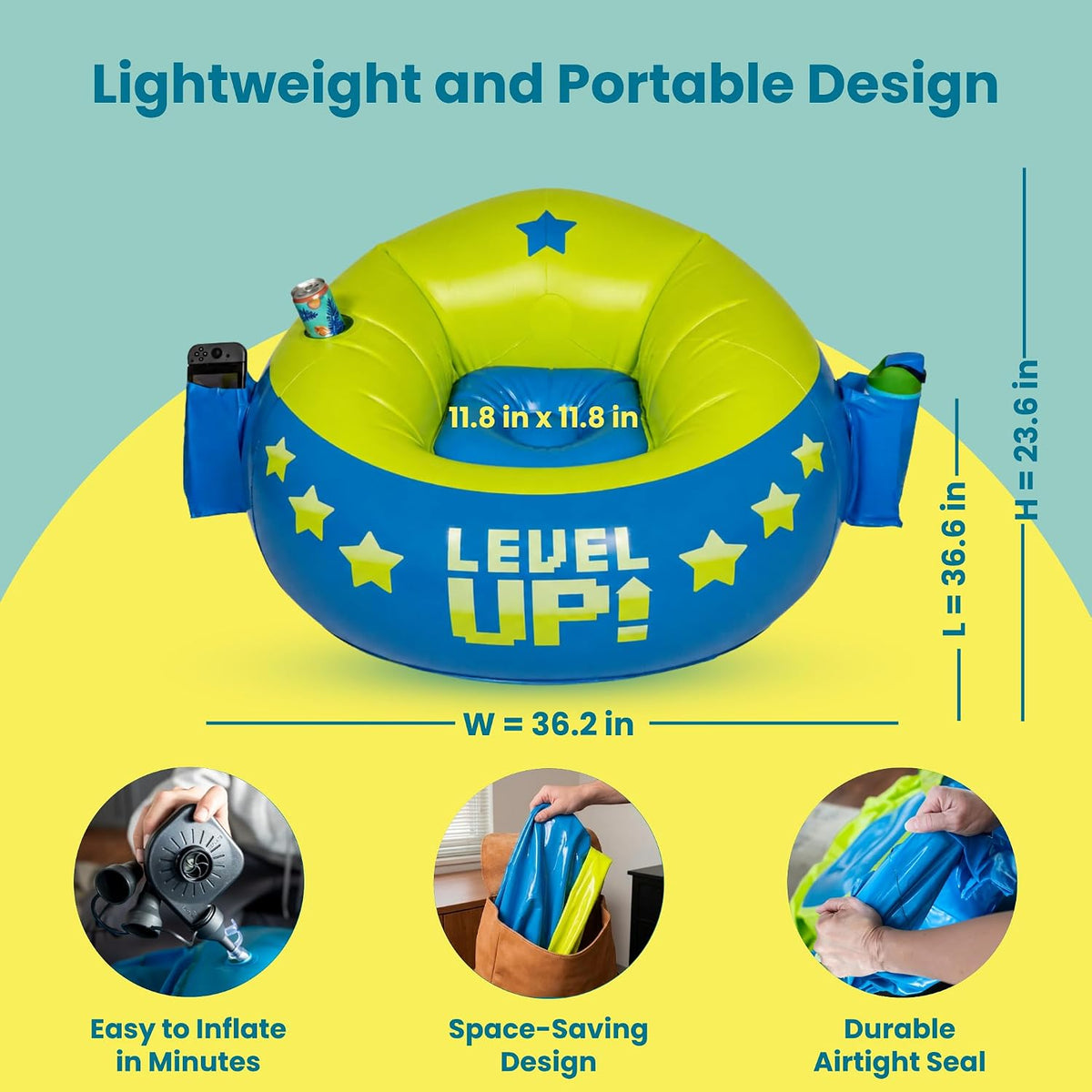 Inflatable Gaming Chair for Kids – Supports up to 300 Lbs, Includes Air Pump, Cup Holder, 2 Pockets – Durable Bean Bag Seat, Comfy Kids Gaming Chair & Top Gamer Chairs for Kid Room
