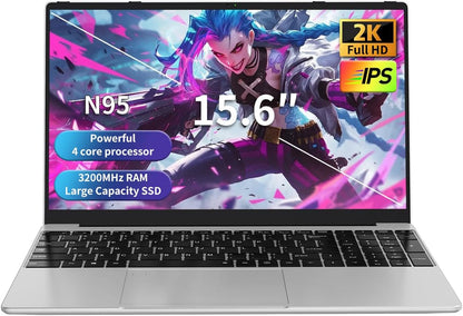 Gaming Laptop, N95 up to 3.4Ghz, 16GB RAM, 512GB SSD, 15.6" 2K Display, Fingerprint Unlock, Slim & Lightweight Laptop for Work & Study, Gray