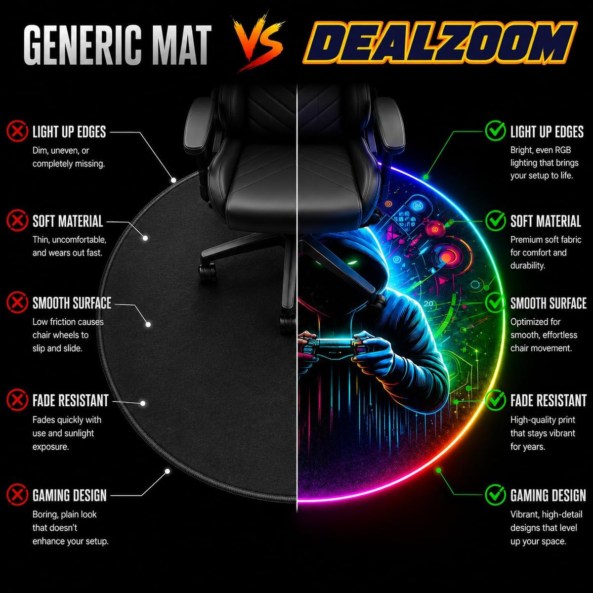 Gaming Chair Mat for Hardwood Floor Circle RGB Light - Gamer 47”