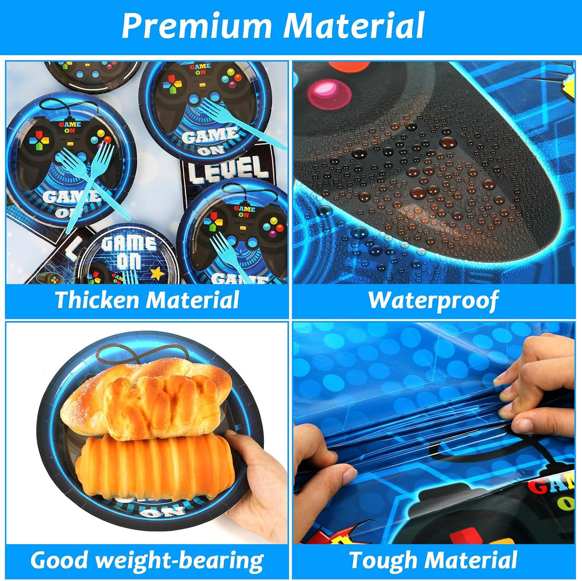 Video Game Party Supplies Tableware Set for 24 Guests Gaming Party Birthday Plates Blue Gamer Party Decorations Includes Plates, Napkins, Tablecloths