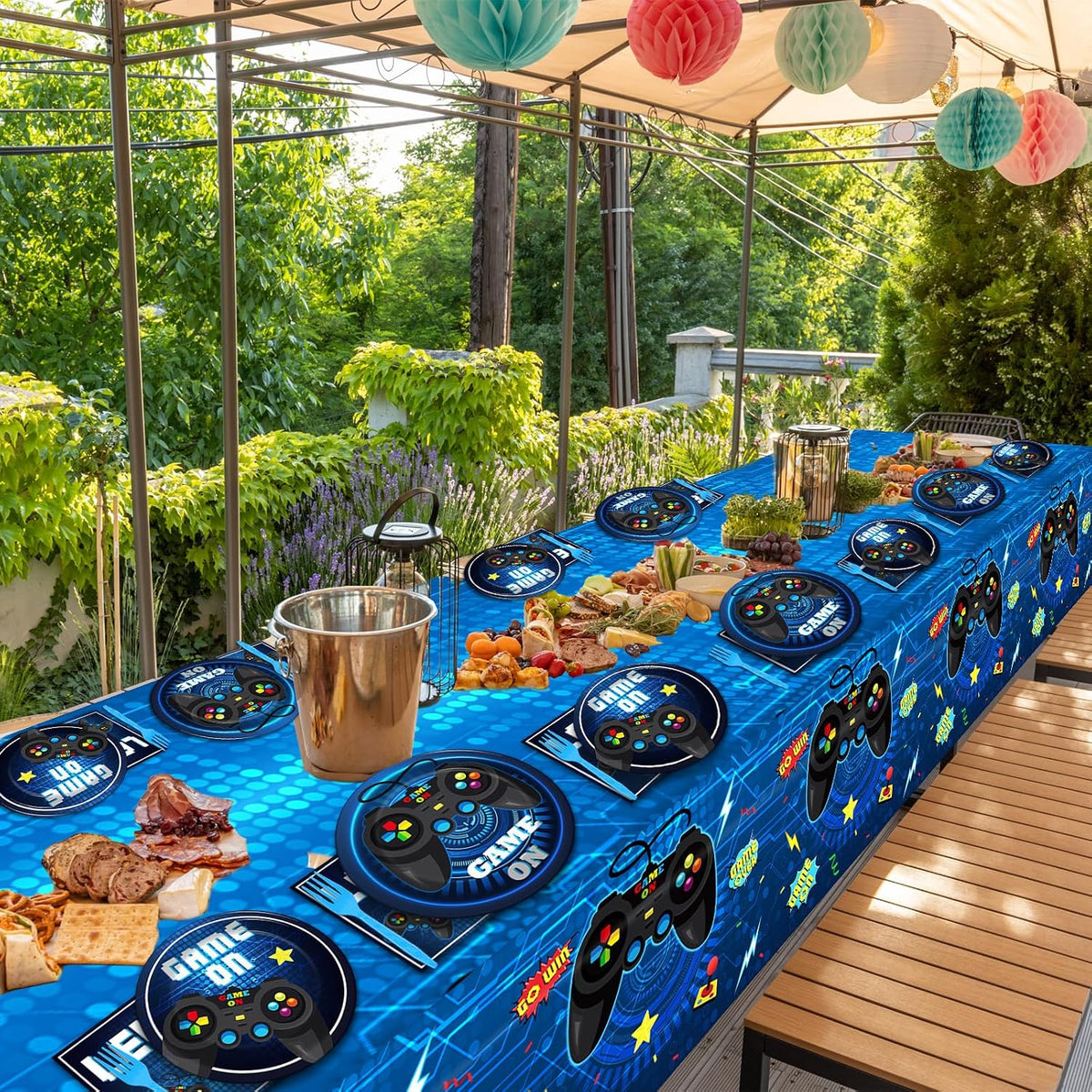 Video Game Party Supplies Tableware Set for 24 Guests Gaming Party Birthday Plates Blue Gamer Party Decorations Includes Plates, Napkins, Tablecloths