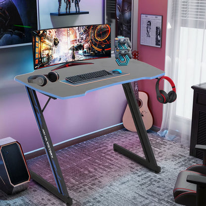 39 Inch Small Gaming Desk, Z Shaped PC Computer Desk Gaming Workstation with Headphone Hook, Ergonomic Gaming Table PC Desk for Game Players, Blue