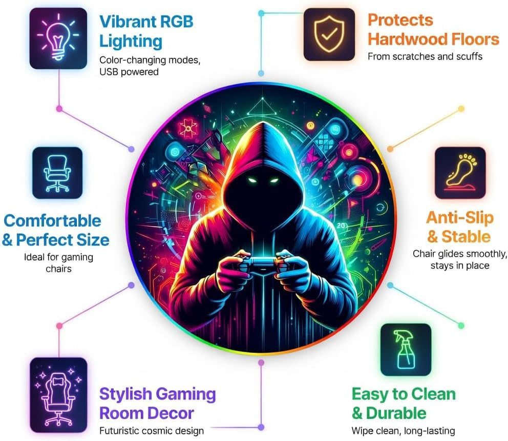 Gaming Chair Mat for Hardwood Floor Circle RGB Light - Gamer 47”