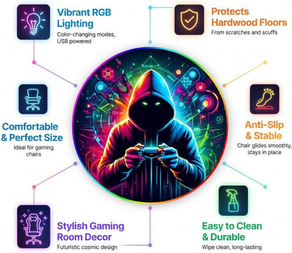 Gaming Chair Mat for Hardwood Floor Circle RGB Light - Gamer 47”