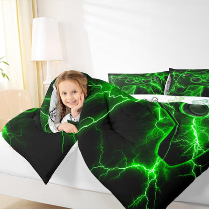 Gamer Comforter Set Gaming Full Size Bedding Sets, Video Game Console Comforter Green Lightning Bed Set,Boys Bedroom Decor