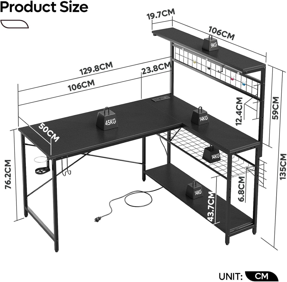 51" L Gaming Desk with Power Outlets LED Lights, Carbon Fiber Black