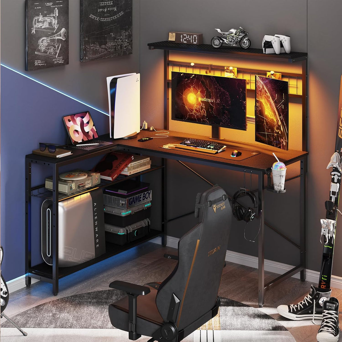 51" L Gaming Desk with Power Outlets LED Lights, Carbon Fiber Black