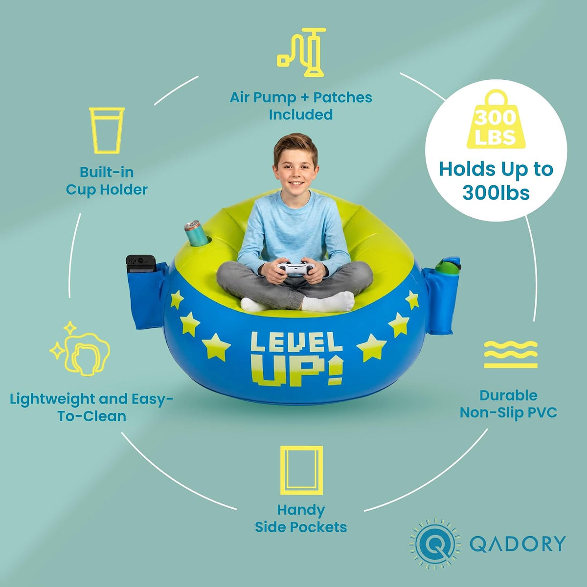 Inflatable Gaming Chair for Kids – Supports up to 300 Lbs, Includes Air Pump, Cup Holder, 2 Pockets – Durable Bean Bag Seat, Comfy Kids Gaming Chair & Top Gamer Chairs for Kid Room