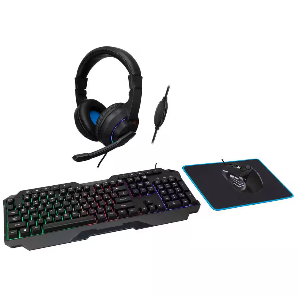 4-In-1 Gaming Bundle, Gaming Keyboard, Gaming Mouse, Gaming Headset, and Desk Pad Included, Black,