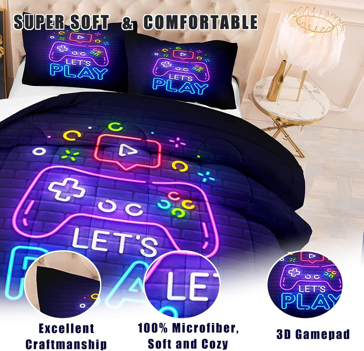 Gaming Comforter Sets Kids Queen Bedding Sets for Boys,Teen Gaming Comforter,Let'S Play Gaming Bedding Gaming Bed Set with 1 Comforter 2Pillowcases