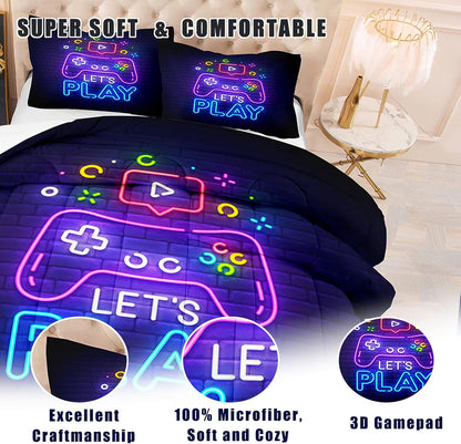Gaming Comforter Sets Kids Queen Bedding Sets for Boys,Teen Gaming Comforter,Let'S Play Gaming Bedding Gaming Bed Set with 1 Comforter 2Pillowcases