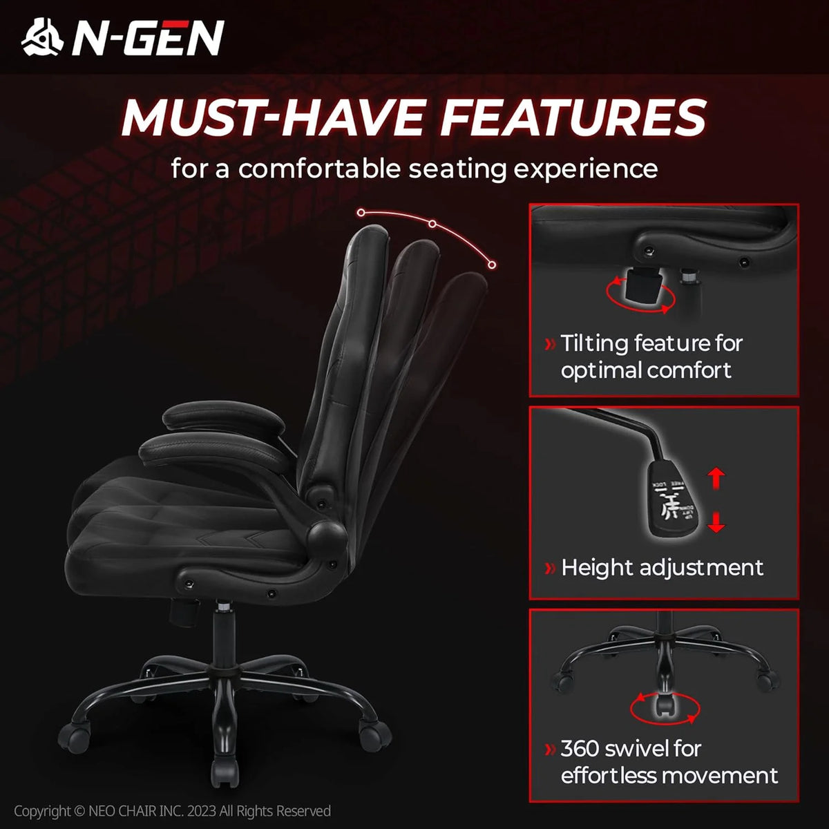 N-GEN GAMING Gaming Chair, Lumbar, PU Leather, Flip-Up Arms, Black
